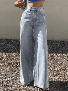 Livesso Women's Summer Vacation Distressed Wide Leg Jeans - Blue - View 6