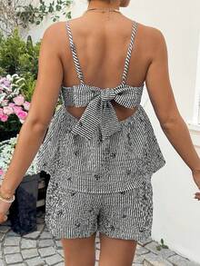 Lyckli 2pcs/Set Maternity Striped Print Casual Camisole And Shorts Set - Black - View 2