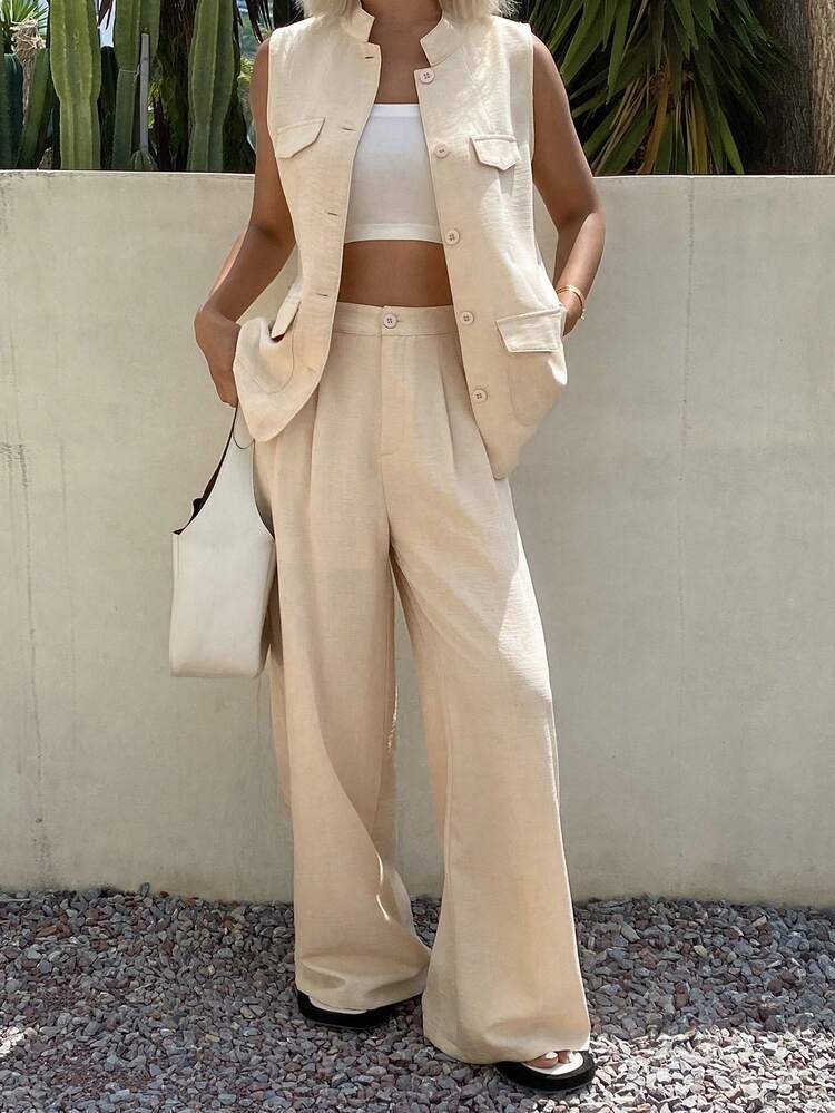 Women's Sleeveless High Collar Top With Large Pockets And Casual Pants, 2 Pieces Set