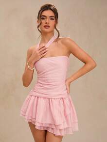 SHEIN BAE 纯粉色不对称领口褶皱修身迷你连衣裙，荷叶边下摆，春夏款 - 淺粉色 - 查看 4