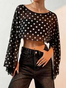 SHEIN EZwear 大码女式休闲波点印花短款套头衫 - 黑與白 - 查看 6