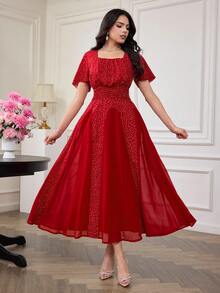 Modelyn Polka Dot Patchwork Chiffon Long Sleeve Waist Flare Midi Dress For Women - Red - View 5