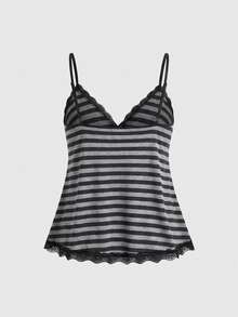 ROMWE Fairycore Plus Size Women Striped Lace Patchwork Camisole, Fashionable For Vacation & Date - Light Grey - View 2