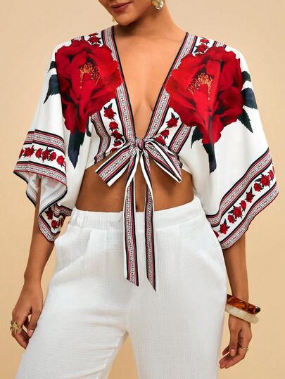 Levarali Blusa corta de mujer con cuello en V, manga corta, suelta, con estampado floral tropical rojo, con lazo delantero y nudo, cropped. Elegante para uso diario, primavera/verano