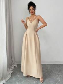 SHEIN Elenzya Vestido de lino beige elegante de verano para invitada de boda con tirantes cruzados, corte A, maxi, espalda descubierta, para mujer, vacaciones, ir al trabajo, fiesta de graduación y recepción - Albaricoque - Ver 5