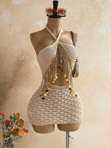 Soleia Đầm len nữ kiểu dáng khoét rỗng, đính tua rua và sequin. - Màu Khaki - Xem 6