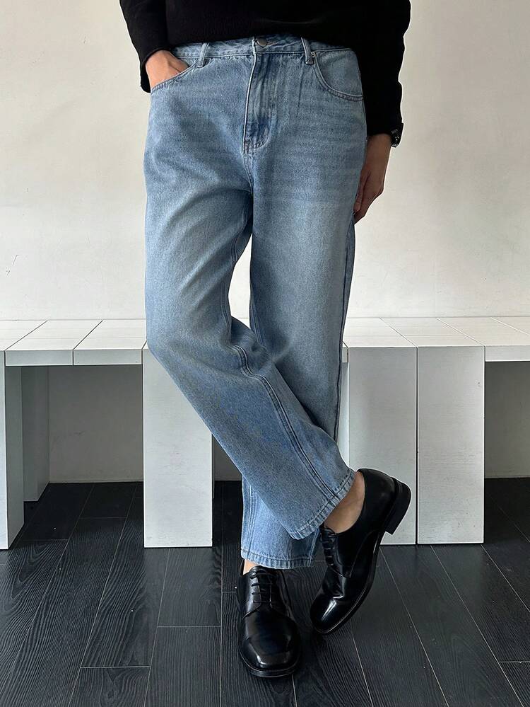 Men's Long Washed Blue Slim Fit Jeans, Suitable For Spring And Autumn