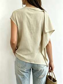 SHEIN Holidaya 女士亚麻质感翻领不对称下摆休闲无袖上衣，优雅度假之选 - 杏色 - 查看 2