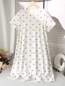 SHEIN Áo ngủ tay ngắn dáng rộng in hình quả anh đào dành cho bé gái tuổi teen. - trắng - Xem 7