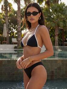 Anewsta Damen Sommer Strand Kontrast Farbe Neckholder Sexy Bikini Badeanzug Set - Schwarz und Weiss - Übersicht 5