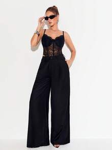 Femmeiva Pantalon de costume noir pour femme, pantalon ample avec design patchwork en dentelle - Noir - Voir 5