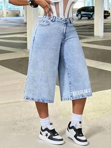 BamGleam Quần jeans nữ ống rộng in khẩu hiệu phong cách thường ngày - Màu xanh lam - Xem 4