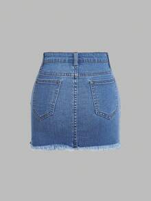 SHEIN MOD Minifalda de mezclilla ajustada con lavado desgastado y desgastada para tallas grandes - Azul lavado medio - Ver 2