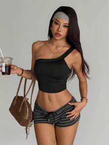 SHEIN Dewbera Top deportivo negro de mujer ajustada y sin mangas con pliegues asimétricos, adecuada para uso casual diario, correr, yoga, gimnasio, tenis, golf, de moda y versátil - Negro - Ver 7