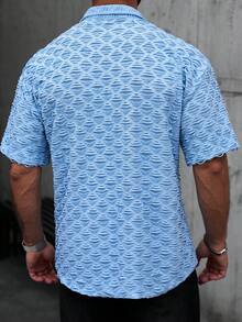 SLATEMANN Men's All-Over Print Button Front Casual Short Sleeve Shirt - Blue - View 2