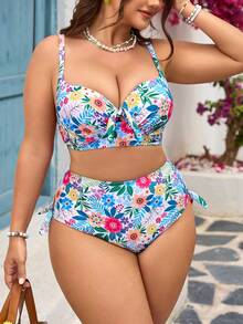 SHEIN Swim Curve Plus Size Women Floral Print Beach Holiday Dress, Waist Control & Shaping Design For Summer Beach Vacation - Multicolor - View 3