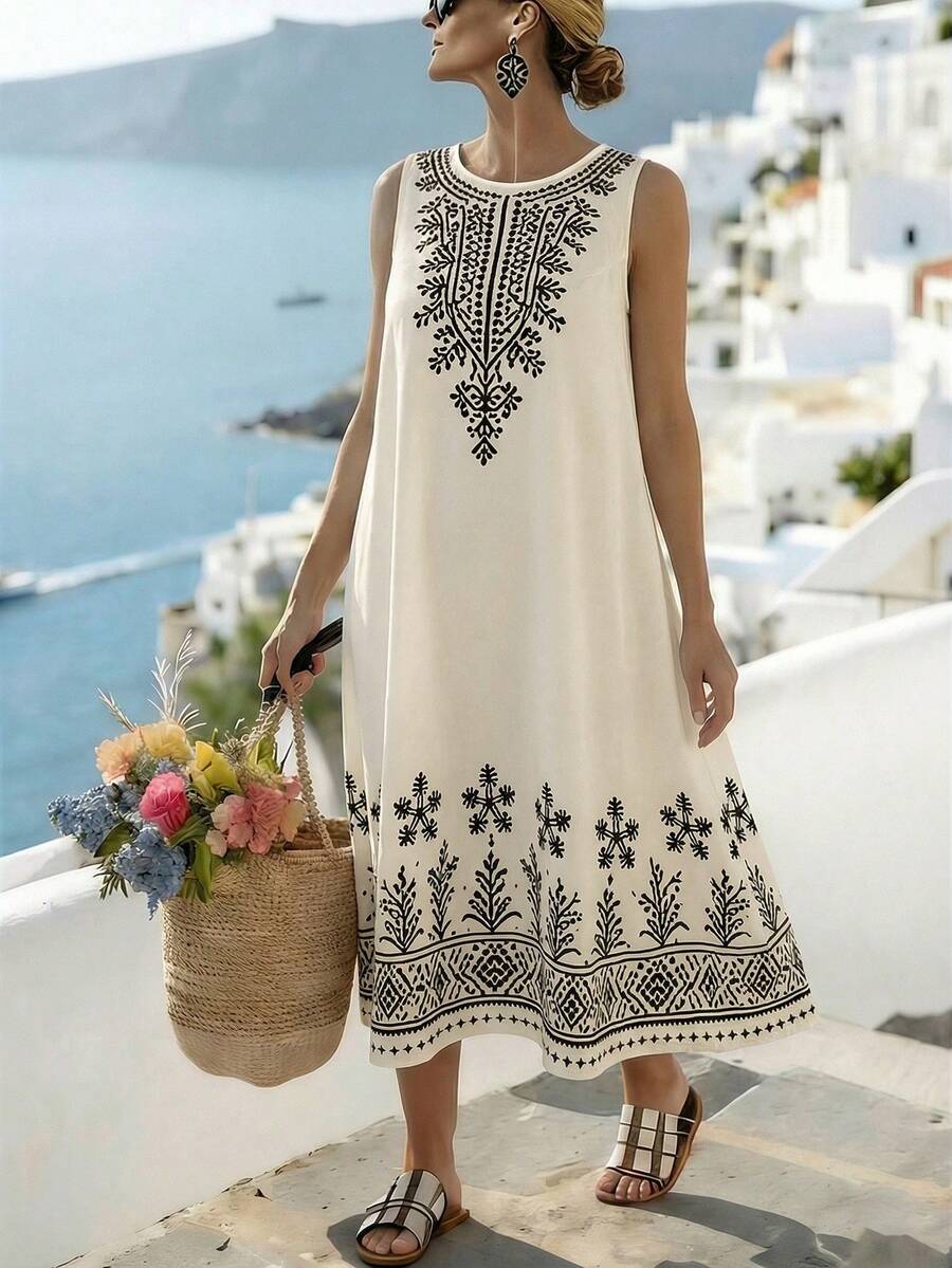 Linhara CURVE Vacation Summer Round Neck Bohemian Sleeveless Digital Print Place Large Size Dress - Apricot - View 1