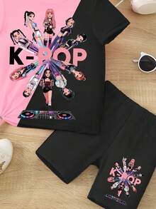 Light Pink,Summer Young Girls' Casual Fashionable Virtual Cartoon Girl Character Graphic Slogan Print Short T-Shirt And Bike Shorts Set,Comfortable - Multicolor - View 7