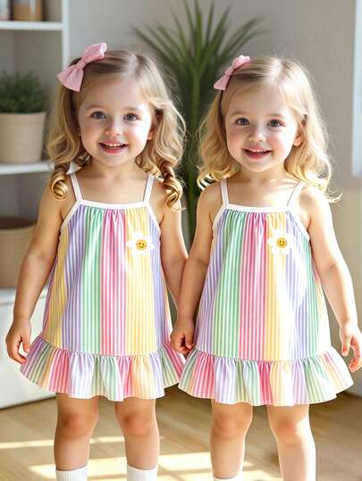 Đầm không tay dáng bèo nhún cho bé gái mùa xuân hè, kiểu dáng năng động, cá tính, tươi mới, dễ thương, họa tiết sọc dọc và hoa mùa hè, thoải mái để mặc hàng ngày.