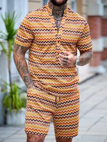 Manfinity CasualCool 男士波浪条纹短袖休闲衬衫和短裤套装 - 彩色 - 查看 3