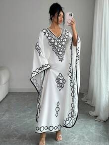 Elenzga Latest Spring & Summer V-Neck Loose Batwing Sleeve Long Dress, Black & White Fashionable Design Sense Dress For Women - Black and White - View 6
