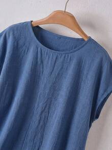 EMERY ROSE Women's Casual Solid Color Linen-Like Shirt, Spring/Summer Carnival Royal Blue Blouse Summer Casual Tops Blue Summer Top Royal Blue Top Women Blue Blouse For Women,Casual - Blue - View 4