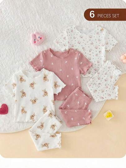 SHEIN 新生女宝宝可爱简约爱心图案荷叶边圆领短袖长裤针织睡衣套装，6件套