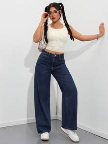 SHEIN PETITE 女款口袋鈕扣休閒百搭日常穿著寬腿牛仔褲，適合嬌小女性 - 深色水洗藍 - 查看 6