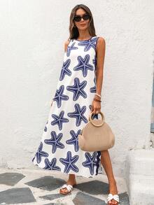 Vivid Eden Spring/Summer Vacation Chiffon Printed Dress For Women - Blue and White - View 3