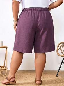 SHEIN CURVE+ Quần short nữ cỡ lớn màu đen có dây rút ở eo, túi, chất liệu vải lanh, kiểu dáng thường ngày, thích hợp mặc mùa hè, trang phục mùa xuân cho nữ, trang phục đi nghỉ mát, trang phục mùa hè/đồng quê/bãi biển cho nữ, trang phục đi biển. - Màu tím - Xem 2