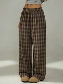 SHEIN PETITE 女士棕色宽松格子简约休闲裤 - 彩色 - 查看 6