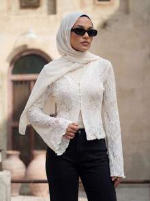 Calvaya Blusa de manga de campana con encaje de unicolor, elegante y romántica - Blanco - Ver 4