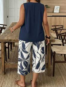 SHEIN LUNE Casual Vacation Style Sleeveless Plus Size 2 Pieces Set With Floral Patchwork - Multicolor - View 2
