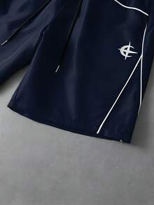 PAVTROS Men's Graphic Print Contrast Trim Drawstring Waist Shorts - Navy Blue - View 7