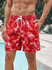 Manfinity Swimmode 男士印花抽绳腰带休闲沙滩短裤 - 紅色 - 查看 4