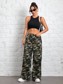 SHEIN PETITE Quần dù dệt bằng vải ngụy trang in họa tiết ngụy trang cho nữ - xanh quân đội - Xem 7