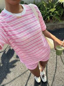 Muchica Women's Light Pink Striped Short Sleeve Round Neck T-Shirt & Shorts - Baby Pink - View 4
