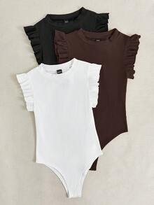SHEIN LUNE Women's Solid Color Round Neck Ruffle Sleeve Ribbed Bodysuit - Multicolor - View 3