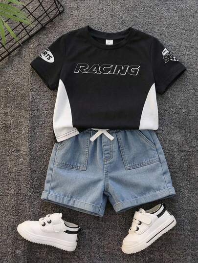 SHEIN 一件男童休闲运动街头字母印花撞色抽绳圆领短袖T恤，适合返校、节日派对、学校典礼、日常穿着、旅行、运动、春夏穿着，也适合复活节、Y2K、假期、情人节、节日、街头服饰、音乐会等场合。