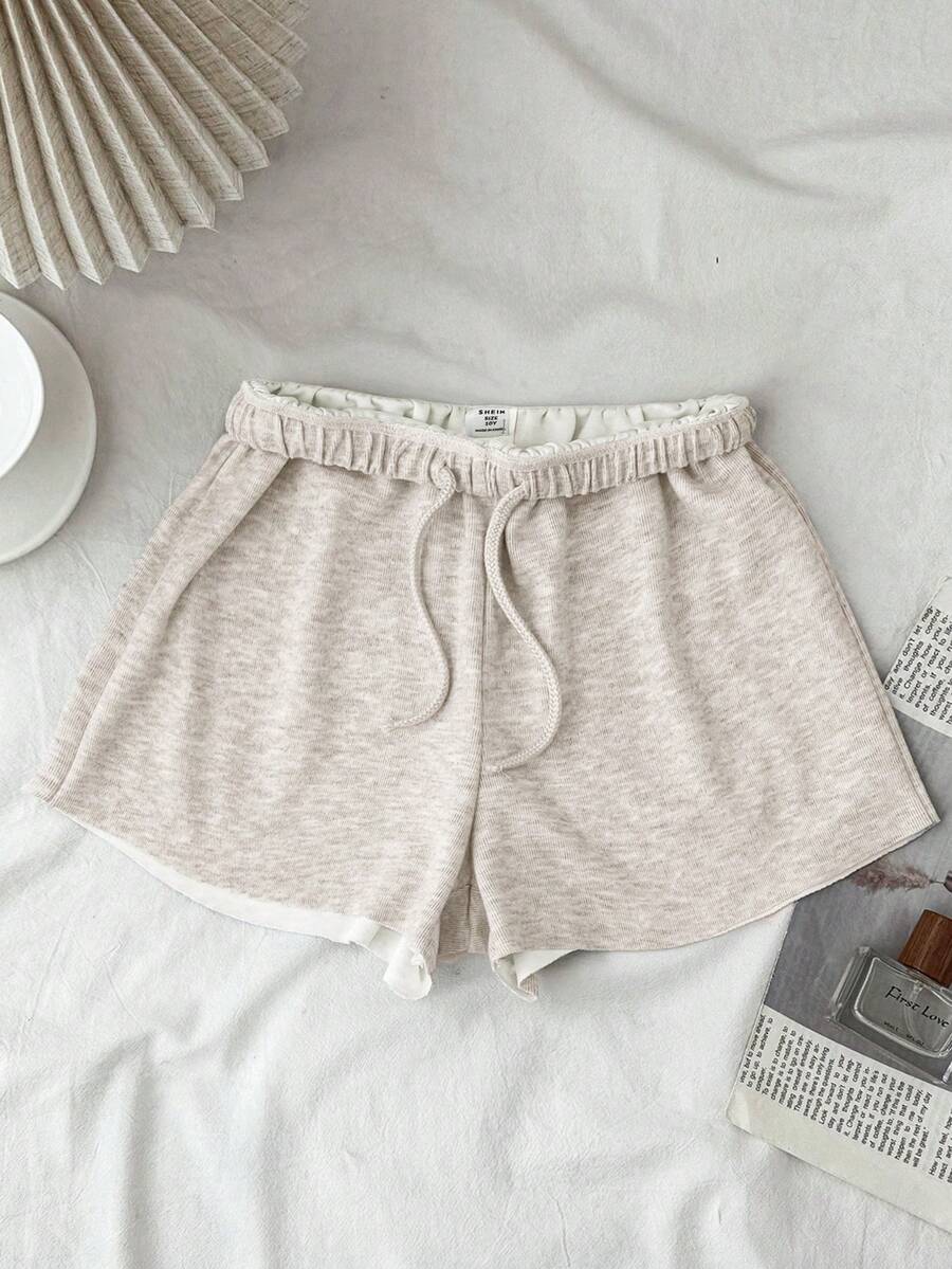 SHEIN Quần short màu trơn, cạp chun, kiểu dáng thường ngày, đa năng, thích hợp cho bé gái tuổi teen. - Màu Khaki - Xem 1