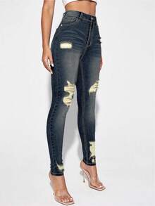 SHEIN Essnce High Waist Ripped Skinny Jeans - Dark Wash - View 3