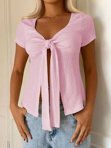 CovetEZ Light Pink Women's Front Tie Short Sleeve T-Shirt,Summer Top - Baby Pink - View 4