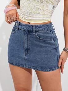 SHEIN PETITE تنورة جينز كاجوال متعددة الاستخدامات للنساء مع جيوب ، للنساء الصغيرات - أزرق متوسط - مشاهدة 4
