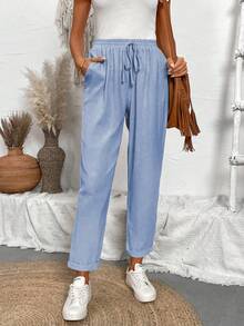 Breezaya Solid Color Drawstring Waist Pocket Casual Pants, Suitable For Holiday - Baby Blue - View 4