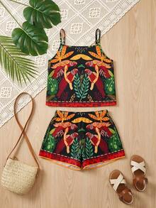 Bộ áo hai dây và quần short in họa tiết cây nhiệt đới dành cho bé gái tuổi teen, thích hợp cho kỳ nghỉ. - trắng - Xem 6