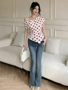 Celisse Women's Elegant Polka Dot Print Asymmetric T-Shirt, Summer - Red - View 3