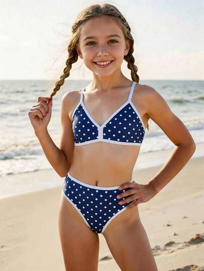 SHEIN Tween Girl Casual Beach Vacation Retro Contrast Color Criss-Cross Strap Bikini Set, Navy Blue