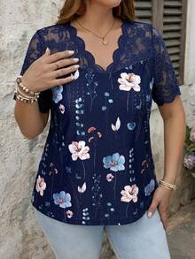 SHEIN LUNE Plus Size Summer Casual Lace Patchwork Floral Print T-Shirt - Navy Blue - View 6