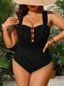 Swim Vcay Plus Size Women One-Piece Retro Palm Leaf Print High-End Swimsuit, Beach Holiday - Black - View 3