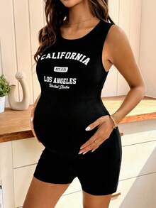 Modmama Áo liền quần bầu cổ tròn in chữ, kiểu dáng thường ngày. - màu đen - Xem 5